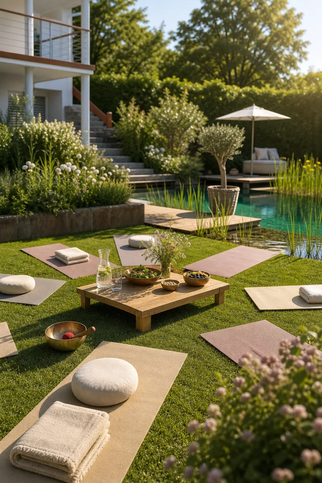 Yogamatten im Garten mit Blüten im Vordergrund